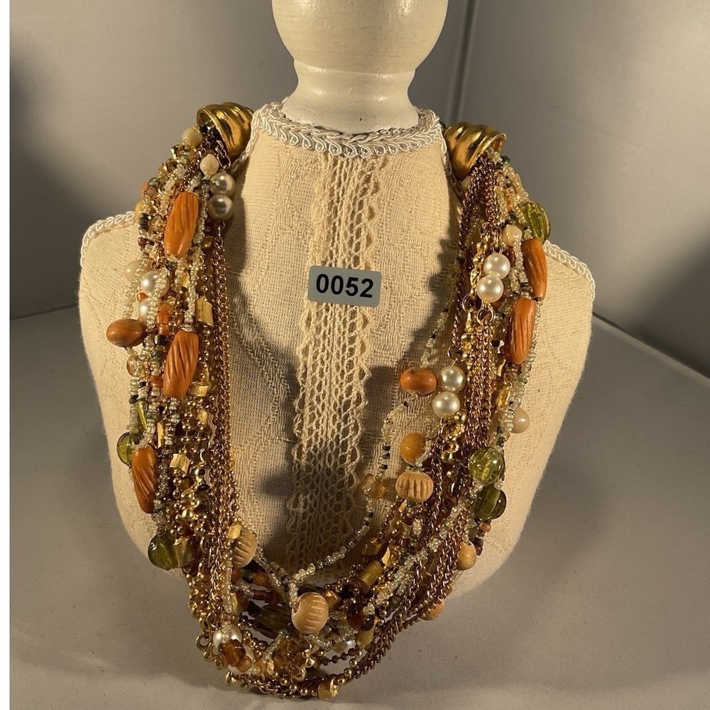 Vintage Style Multi Strand Brown Tan Green Beads Gold Tone Chains